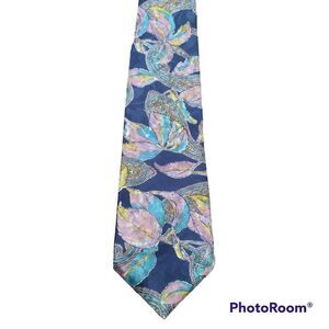 Oscar de la Renta Neckwear Couture Collection Navy Blue Pink Leaf Tie